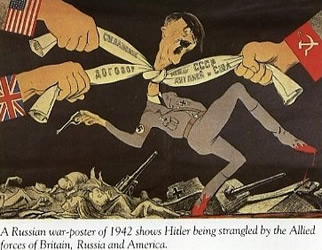 [ Une affiche de guerre russe en 1942 montre Hitler ?trangl? par les forces alli?es britanniques, russes et am?ricaines. ]