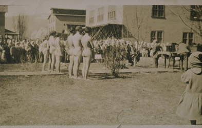 [ Naked Freedomites at a meeting with Peter P. Verigin, Brilliant, B.C., Unknown, UBC Special Collections 16-10 ]