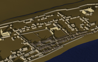 [ View of the centre of Montral in 1734, three-dimensional reconstruction, Centre Canadien d'Architecture et Centre for Landscape Research, adapt par Lon Robichaud et Mathieu Bilodeau, Bibliothque du Centre Canadien d'Architecture  ]