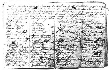[ Photograph of the First and Second Pages of the Peace Committee Oath, 1879, In June of 1879 Father John Connolly announced the creation of what he called a property protective association to help put a stop to crime in Biddulph.  He asked members of the congregation to sign to indicate their committment to ending crime. The top of the oath reads: 