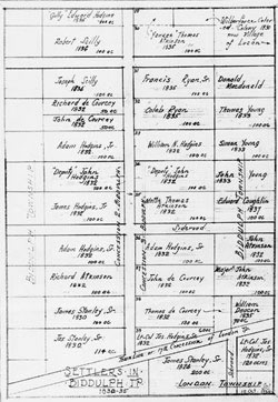 [ Settlers in Biddulph Township, 1830-35, Notice the Wilberforce Settlement is mentioned in the top right corner of the map.  The land of James Hodgins, enlisted by the Canada Company to help settle Biddulph, is also visible., Spencer Armitage-Stanley, J.J. Talman Regional Collection, University of Western Ontario Archives B4716-1, File: Township of Biddulph ]