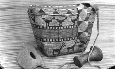 [ Tsilhqot'in Coiled Basket, Hand Maul and Unidentified Tool, Image Courtesy of Royal British Columbia Museum., Carey and McAllister, Victoria, RBCM PN 7384-B ]