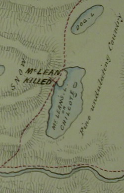 [ Dtail de la carte dessine par Alexis qui montre l'endroit o McLean a t tu, Dtail de la carte d’Alexis montrant l'endroit o McLean a t tu.  partir d’une carte initialement dessine par les Indiens Alexis et Ualas, telle qu’interprte par M. Ogilvie et signe par W. Cox au lac Benshee le 22 juillet 1864., Alexis and Ualas, Public Record Office, Great Britain MPG6541 ]