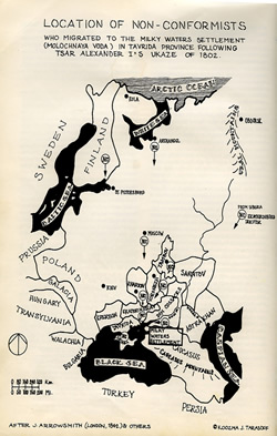 [ Location of religious non-conformists who migrated to the Milky Waters settlement (Molochaya Voda) in Tavrida Province Following Tsar Alexander I's Ukaze (Proclamation) of 1802, Koozma J. Tarasoff,   ]